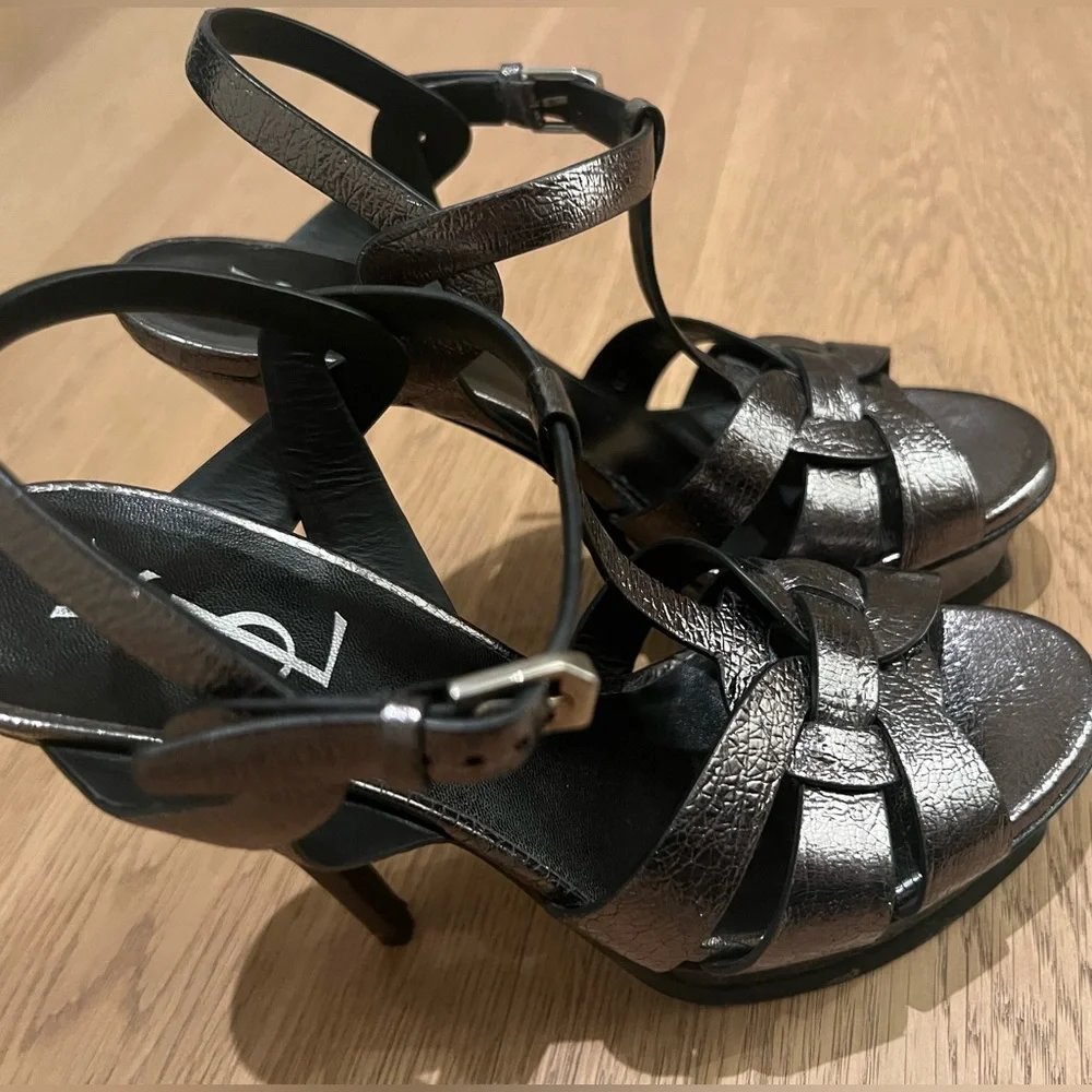 Saint Laurent YSL Metallic Tribute Platform 135mm Heels Sandals Gunmetal Grey 37 - Picture 2 of 6